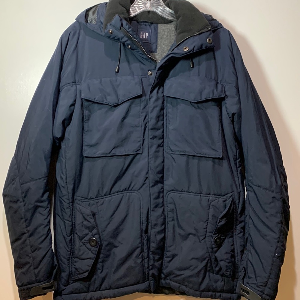 GAP Mens Navy Blue Hooded Zip/Button Up Coat S